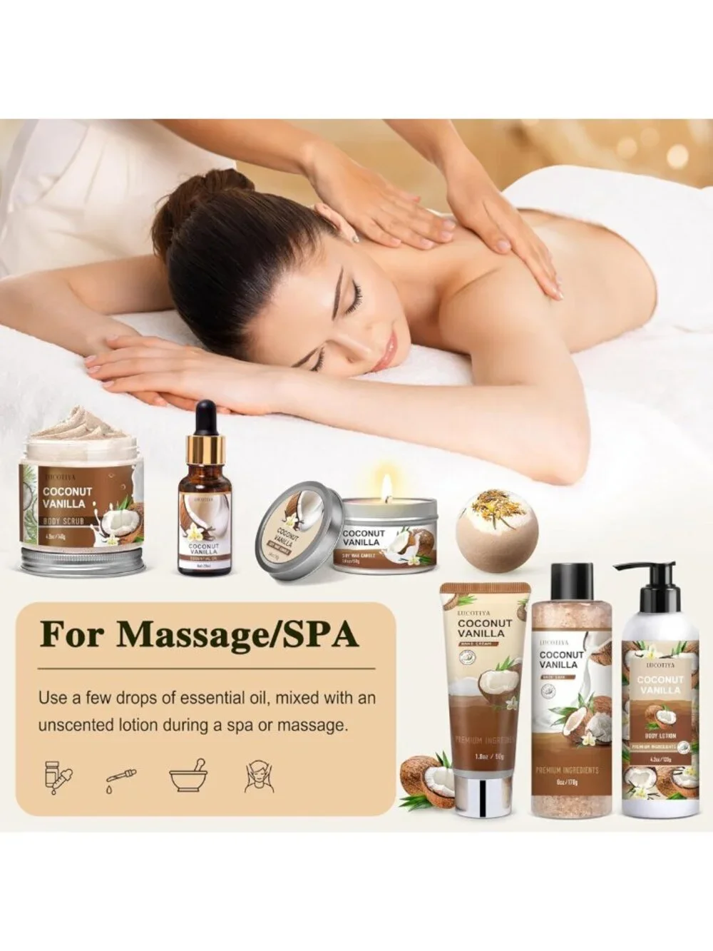 Vanilla Coconut Spa Gift Set - Relaxing Bath & Body Gifts for Women, Self-Care